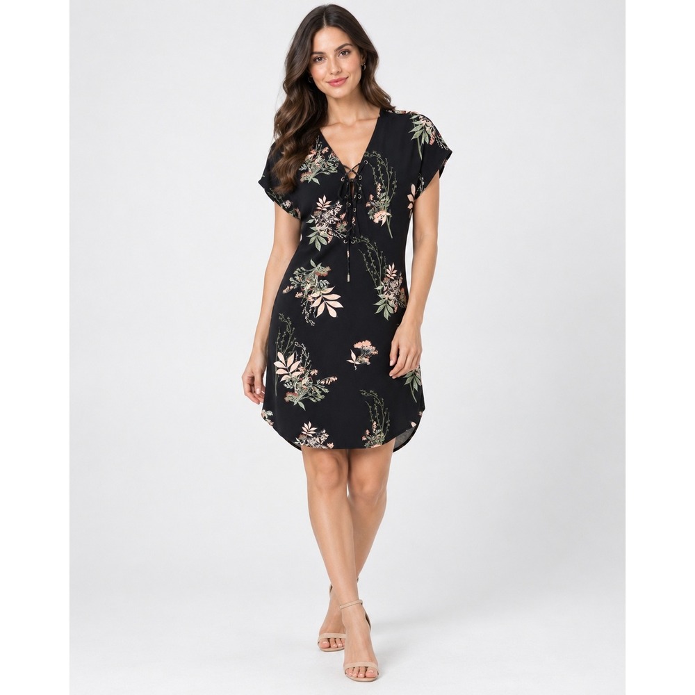 Le Château Black Floral Lace Up Dress XS Botanical Print Short Sleeve
